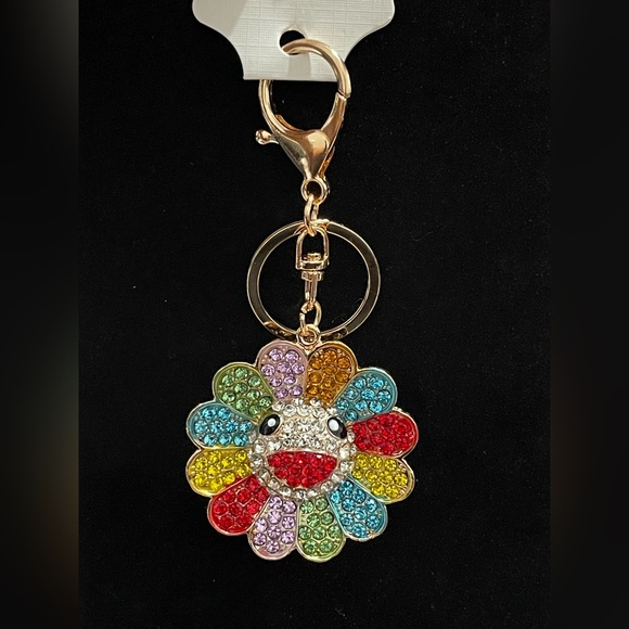 Fashion Jewelry Accessories - Gold-Tone Rainbow Crystal SunFlower Keychain Charm
